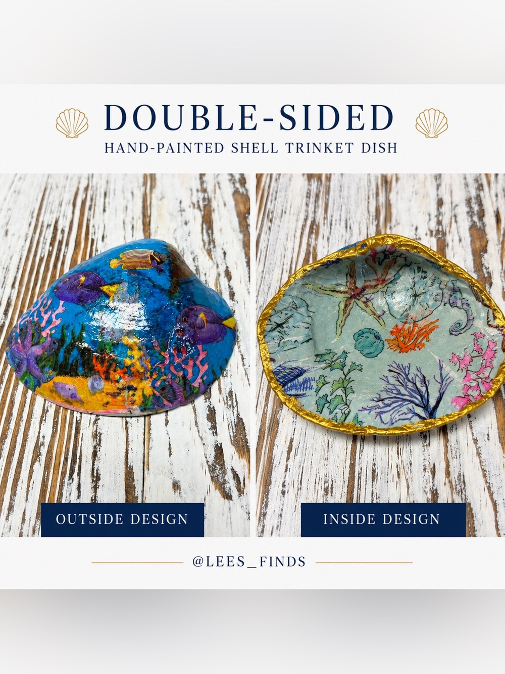 Hand Crafted Double-Sided Découpage Gold Trim Sea Life Trinket Dish